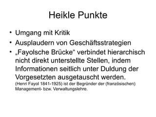 Heikle Punkte Umgang mit Kritik Ausplaudern von Geschäftsstrategien  „ Fayolsche Brücke“ verbindet hierarchisch nicht direkt unterstellte Stellen, indem Informationen seitlich unter Duldung der Vorgesetzten ausgetauscht werden.  (Henri Fayol 1841-1925) ist der Begründer der (französischen) Management- bzw. Verwaltungslehre.    
