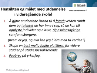 Mulighetenes Oppland
Dokka videregående skoleHensikten og målet med utdannelse
i videregående skole!
1. Å gjøre studentene istand til å forstå verden rundt
dem og talentet de har inne i seg, så de kan bli
opplyste individer og aktive, tilpasningsdyktige
samfunnsborgere.
(hvem er jeg, og hva kan jeg bidra med til verden?)
1. Skape en best mulig faglig plattform for videre
studier på studiespesialiserende.
2. Fagbrev på yrkesfag.
 