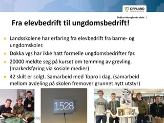 Mulighetenes Oppland
Dokka videregående skole
Fra elevbedrift til ungdomsbedrift!
 Landsskolene har erfaring fra elevbedrift fra barne- og
ungdomskoler.
 Dokka vgs har ikke hatt formelle ungdomsbedrifter før.
 20000 meldte seg på kurset om temming av grevling.
(markedsføring via sosiale medier)
 42 skilt er solgt. Samarbeid med Topro i dag, (samarbeid
mellom avdeling på skolen fremover grunnet nytt utstyr)
 