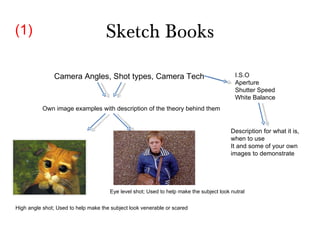 Sketch Books Camera Angles, Shot types, Camera Tech I.S.O Aperture Shutter Speed White Balance Own image examples with description of the theory behind them High angle shot; Used to help make the subject look venerable or scared Eye level shot; Used to help make the subject look nutral Description for what it is, when to use It and some of your own images to demonstrate  (1) 