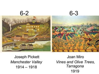 6-2 6-3
Joseph Pickett
Manchester Valley
1914 – 1918
Joan Miro
Vines and Olive Trees,
Tarragona
1919
 
