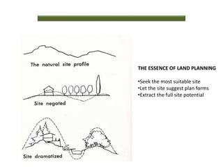 THE ESSENCE OF LAND PLANNING
•Seek the most suitable site
•Let the site suggest plan forms
•Extract the full site potential
 