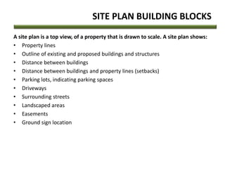 SITE PLAN BUILDING BLOCKS
A site plan is a top view, of a property that is drawn to scale. A site plan shows:
• Property lines
• Outline of existing and proposed buildings and structures
• Distance between buildings
• Distance between buildings and property lines (setbacks)
• Parking lots, indicating parking spaces
• Driveways
• Surrounding streets
• Landscaped areas
• Easements
• Ground sign location
 