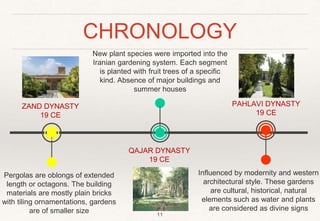 CHRONOLOGY
ZAND DYNASTY
19 CE
Pergolas are oblongs of extended
length or octagons. The building
materials are mostly plain bricks
with tiling ornamentations, gardens
are of smaller size
New plant species were imported into the
Iranian gardening system. Each segment
is planted with fruit trees of a specific
kind. Absence of major buildings and
summer houses
.
QAJAR DYNASTY
19 CE
PAHLAVI DYNASTY
19 CE
Influenced by modernity and western
architectural style. These gardens
are cultural, historical, natural
elements such as water and plants
are considered as divine signs
11
 