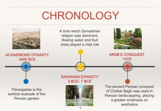 CHRONOLOGY
ACHAEMENID DYNASTY
3400 BCE
Pasargadae is the
earliest example of the
Persian garden
A time which Zoroastrian
religion was dominant,
flowing water and fruit
trees played a vital role
SASANIAN DYNASTY
3 BCE- 7 BCE
The ancient Persian conquest
of Chahar Bagh was used in
Persian landscapping, placing
a greater emphasis on
aesthetics
ARAB’S CONQUEST
13CE
9
 