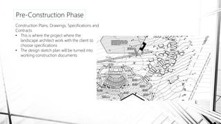 Pre-Construction Phase
Construction Plans, Drawings, Specifications and
Contracts
• This is where the project where the
landscape architect work with the client to
choose specifications
• The design sketch plan will be turned into
working construction documents
 