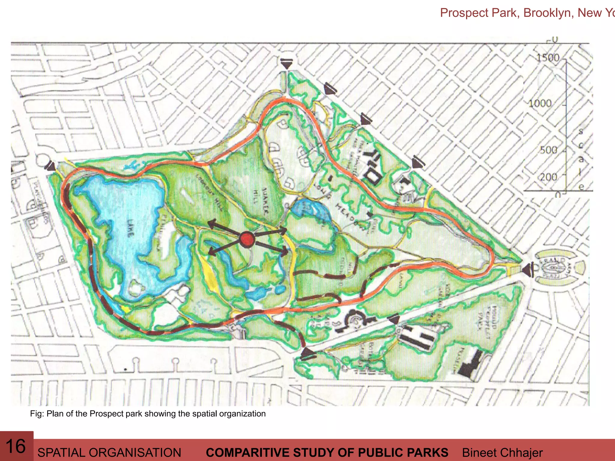SPATIAL ORGANISATION Bineet ChhajerCOMPARITIVE STUDY OF PUBLIC PARKS
Prospect Park, Brooklyn, New Yo
Fig: Plan of the Prospect park showing the spatial organization
16
 