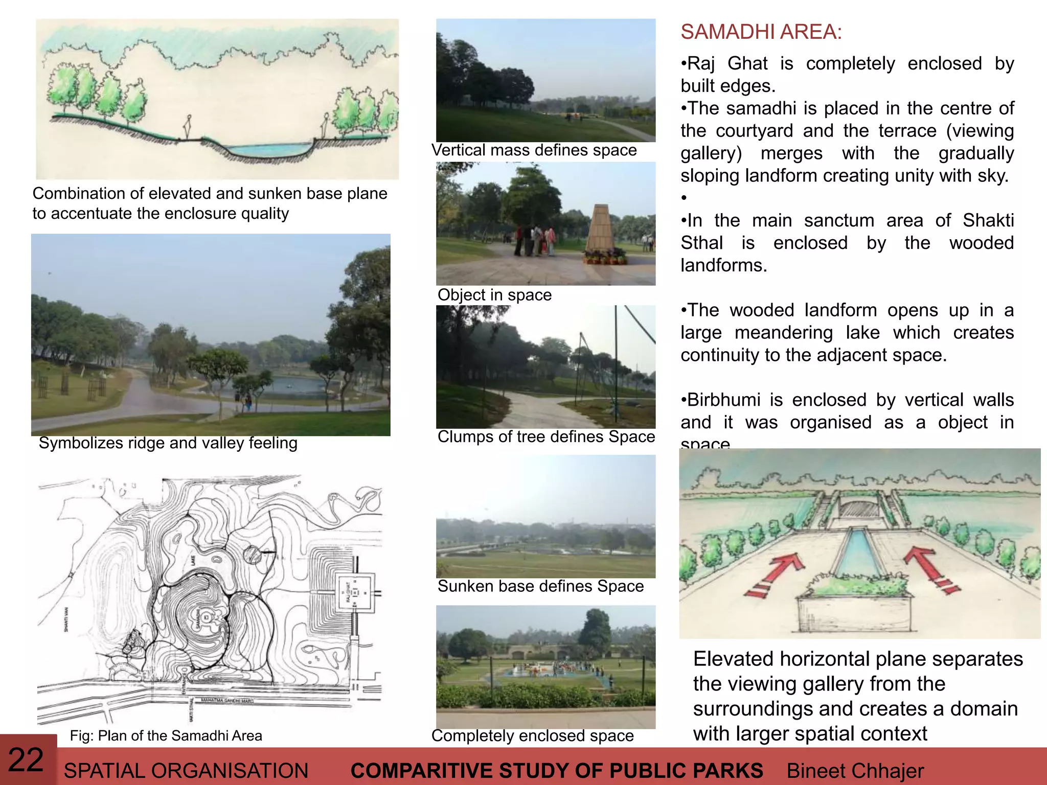 SPATIAL ORGANISATION Bineet ChhajerCOMPARITIVE STUDY OF PUBLIC PARKS
•Raj Ghat is completely enclosed by
built edges.
•The samadhi is placed in the centre of
the courtyard and the terrace (viewing
gallery) merges with the gradually
sloping landform creating unity with sky.
•
•In the main sanctum area of Shakti
Sthal is enclosed by the wooded
landforms.
•The wooded landform opens up in a
large meandering lake which creates
continuity to the adjacent space.
•Birbhumi is enclosed by vertical walls
and it was organised as a object in
space.
SAMADHI AREA:
Elevated horizontal plane separates
the viewing gallery from the
surroundings and creates a domain
with larger spatial contextCompletely enclosed space
Sunken base defines Space
Clumps of tree defines Space
Object in space
Vertical mass defines space
Combination of elevated and sunken base plane
to accentuate the enclosure quality
Symbolizes ridge and valley feeling
Fig: Plan of the Samadhi Area
22
 