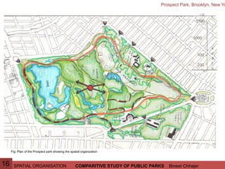 SPATIAL ORGANISATION Bineet ChhajerCOMPARITIVE STUDY OF PUBLIC PARKS
Prospect Park, Brooklyn, New Yo
Fig: Plan of the Prospect park showing the spatial organization
16
 