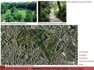 SPATIAL ORGANISATION Bineet ChhajerCOMPARITIVE STUDY OF PUBLIC PARKS
Park Buttes Chaumont, Paris:
Fig: Google image of the Buttes Chaumont park
17
Landscape
Architect:
EDOUARD
FRANCOIS ANDRE
Area:
61 acre
Directionality provided by the vegetationEnclosure provided by the vegetation
 