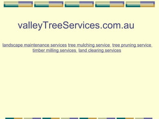valleyTreeServices.com.au
landscape maintenance services tree mulching service tree pruning service
timber milling services land clearing services
 