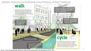 86
GENERAL PRINCIPLES IN DESIGNING A MULTIMODAL TRANSIT CORRIDOR
Source: Transit Oriented Design Standard, Institute for Transportation and Development Policy, 2017
 