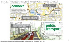 87
GENERAL PRINCIPLES IN DESIGNING A MULTIMODAL TRANSIT CORRIDOR
Source: Transit Oriented Design Standard, Institute for Transportation and Development Policy, 2017
 