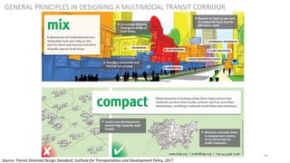 89
GENERAL PRINCIPLES IN DESIGNING A MULTIMODAL TRANSIT CORRIDOR
Source: Transit Oriented Design Standard, Institute for Transportation and Development Policy, 2017
 