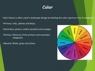 Color theory is often used in landscape design by dividing the color spectrum into 4 categories:
•Primary: reds, yellows and blues.
•Secondary: greens, violets (purples) and oranges.
•Tertiary: Mixtures of the primary and secondary
categories.
•Neutral: White, grays and silvers.
Color
 