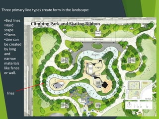 •Bed lines
•Hard
scape
•Plants
•Line can
be created
by long
and
narrow
materials
like fence
or wall.
Three primary line types create form in the landscape:
lines
 