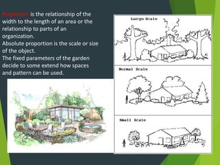 Proportion is the relationship of the
width to the length of an area or the
relationship to parts of an
organization.
Absolute proportion is the scale or size
of the object.
The fixed parameters of the garden
decide to some extend how spaces
and pattern can be used.
 