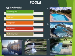 POOLS
Swimming Pool
Tide Pool
Plunge Pool
Stream Pool
Reflecting Pool
Types Of Pools: 1.
2.
3.
4.5.
 