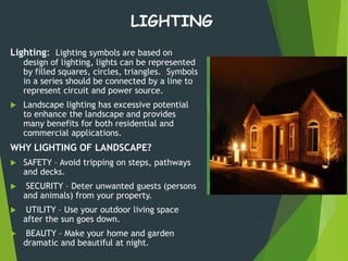 Lighting: Lighting symbols are based on
design of lighting, lights can be represented
by filled squares, circles, triangles. Symbols
in a series should be connected by a line to
represent circuit and power source.
 Landscape lighting has excessive potential
to enhance the landscape and provides
many benefits for both residential and
commercial applications.
WHY LIGHTING OF LANDSCAPE?
 SAFETY – Avoid tripping on steps, pathways
and decks.
 SECURITY – Deter unwanted guests (persons
and animals) from your property.
 UTILITY – Use your outdoor living space
after the sun goes down.
 BEAUTY – Make your home and garden
dramatic and beautiful at night.
LIGHTING
 