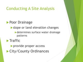 Conducting A Site Analysis
 Poor Drainage
slope or land elevation changes
determines surface water drainage
patterns
 Traffic
provide proper access
 City/County Ordinances
 