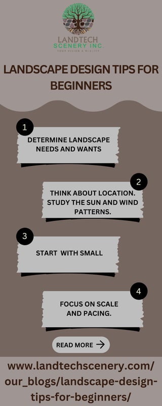 1
2
3
4
LANDSCAPEDESIGNTIPSFOR
BEGINNERS
www.landtechscenery.com/
our_blogs/landscape-design-
tips-for-beginners/
READ MORE
THINK ABOUT LOCATION.
STUDY THE SUN AND WIND
PATTERNS.
DETERMINE LANDSCAPE
NEEDS AND WANTS
START WITH SMALL
FOCUS ON SCALE
AND PACING.
 