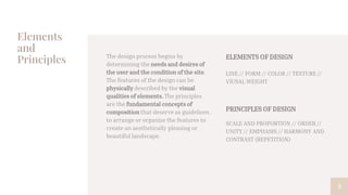 Elements
and
Principles ELEMENTS OF DESIGN
LINE // FORM // COLOR // TEXTURE //
VIUSAL WEIGHT
PRINCIPLES OF DESIGN
SCALE AND PROPORTION // ORDER //
UNITY // EMPHASIS // HARMONY AND
CONTRAST (REPETITION)
The design process begins by
determining the needs and desires of
the user and the condition of the site.
The features of the design can be
physically described by the visual
qualities of elements. The principles
are the fundamental concepts of
composition that deserve as guidelines
to arrange or organize the features to
create an aesthetically pleasing or
beautiful landscape.
3
 