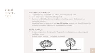 Visual
aspect -
form
37
SPREADING AND HORIZONTAL
• To give a feeling of breadth and extent, creading a shady area.
• Used for contrast with vertical fastigiated.
• Harmony with flat landforms, long lines extending across the horizon, low
horizontal buildings.
• Spreading branching patterns and a stable quality, because the tiers of foliage are
held high and admit light and air between the branches.
ROUND, GLOBULAR
• Design composition, design unity. They can be used as anchors, balancing and
stabilizing forms.
• No directional, neutral - ‘Full stops’ at the end.
 