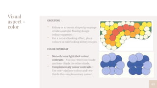 Visual
aspect -
color
63
GROUPING
• Kidney or crescent shaped groupings
create a natural flowing design
colour sequence.
• For a natural looking effect, place
colours in interlocking kidney shapes.
COLOR CONTRAST
• Monochrome light/dark colour
contrasts – Use one-third one shade
and two-thirds the other shade.
• Complementary colour contrasts –
Use one-third one colour and two-
thirds the complementary colour.
 