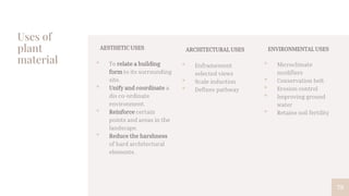 Uses of
plant
material
79
AESTHETIC USES
• To relate a building
form to its surrounding
site.
• Unify and coordinate a
dis co-ordinate
environment.
• Reinforce certain
points and areas in the
landscape.
• Reduce the harshness
of hard architectural
elements.
ARCHITECTURAL USES
• Enframement
selected views
• Scale induction
• Defines pathway
ENVIRONMENTAL USES
• Microclimate
modifiers
• Conservation belt
• Erosion control
• Improving ground
water
• Retains soil fertility
 