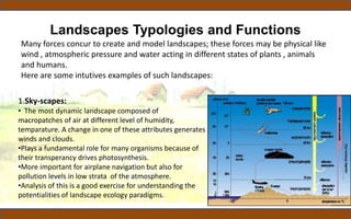 Landscapes Typologies and Functions
Many forces concur to create and model landscapes; these forces may be physical like
wind , atmospheric pressure and water acting in different states of plants , animals
and humans.
Here are some intutives examples of such landscapes:
1.Sky-scapes:
• The most dynamic landscape composed of
macropatches of air at different level of humidity,
temparature. A change in one of these attributes generates
winds and clouds.
•Plays a fundamental role for many organisms because of
their transperancy drives photosynthesis.
•More important for airplane navigation but also for
pollution levels in low strata of the atmosphere.
•Analysis of this is a good exercise for understanding the
potentialities of landscape ecology paradigms.
 