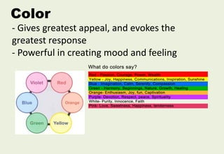 - Gives greatest appeal, and evokes the
greatest response
- Powerful in creating mood and feeling
Color
 