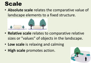 Scale
• Absolute scale relates the comparative value of
landscape elements to a fixed structure.
• Relative scale relates to comparative relative
sizes or "values" of objects in the landscape.
• Low scale is relaxing and calming
• High scale promotes action.
 