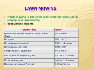 LAWN MOWING
GRASS TYPE HEIGHT
Bahia Grass; Fescue, Tall; Blue Grama; Buffalo
Grass
2 to 3 inches
Bent grass 1/4 to 1 inch
Bermuda grass ( common) 3/4 to 1-1/2 inches
Bermuda grass ( hybrid) 1/2 to 1 inch
Centipede grass; Zoysia grass 1 to 2 inches
Fescue, fine; St. Augustine grass 1-1/2 to 2-1/2 inches
Kentucky Bluegrass 1-3/4 to 2-1/2 inches
Ryegrass (Annual and Perennial) 1-1/2 to 2 inches
 Proper mowing is one of the most important practices in
keeping your lawn healthy.
 Ideal Mowing Heights
 