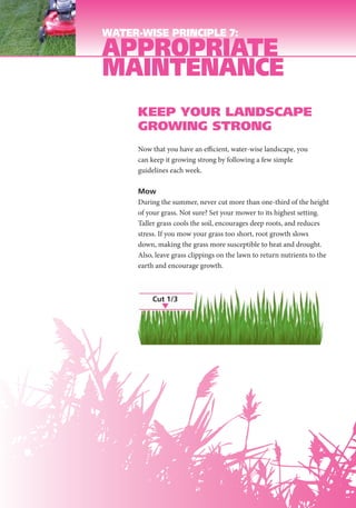 WATER-WISE PRINCIPLE 7:
APPROPRIATE
MAINTENANCE
      KEEP YOUR LANDSCAPE
      GROWING STRONG
      Now that you have an efficient, water-wise landscape, you
      can keep it growing strong by following a few simple
      guidelines each week.

      Mow
      During the summer, never cut more than one-third of the height
      of your grass. Not sure? Set your mower to its highest setting.
      Taller grass cools the soil, encourages deep roots, and reduces
      stress. If you mow your grass too short, root growth slows
      down, making the grass more susceptible to heat and drought.
      Also, leave grass clippings on the lawn to return nutrients to the
      earth and encourage growth.



           Cut 1/3
 