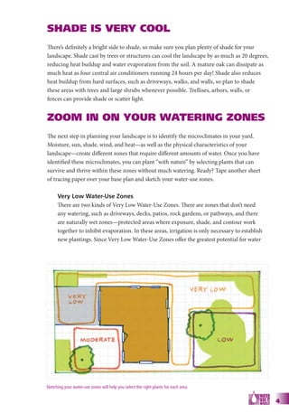 SHADE IS VERY COOL
There’s definitely a bright side to shade, so make sure you plan plenty of shade for your
landscape. Shade cast by trees or structures can cool the landscape by as much as 20 degrees,
reducing heat buildup and water evaporation from the soil. A mature oak can dissipate as
much heat as four central air conditioners running 24 hours per day! Shade also reduces
heat buildup from hard surfaces, such as driveways, walks, and walls, so plan to shade
these areas with trees and large shrubs whenever possible. Trellises, arbors, walls, or
fences can provide shade or scatter light.


ZOOM IN ON YOUR WATERING ZONES
The next step in planning your landscape is to identify the microclimates in your yard.
Moisture, sun, shade, wind, and heat—as well as the physical characteristics of your
landscape—create different zones that require different amounts of water. Once you have
identified these microclimates, you can plant “with nature” by selecting plants that can
survive and thrive within these zones without much watering. Ready? Tape another sheet
of tracing paper over your base plan and sketch your water-use zones.

      Very Low Water-Use Zones
      There are two kinds of Very Low Water-Use Zones. There are zones that don’t need
      any watering, such as driveways, decks, patios, rock gardens, or pathways, and there
      are naturally wet zones—protected areas where exposure, shade, and contour work
      together to inhibit evaporation. In these areas, irrigation is only necessary to establish
      new plantings. Since Very Low Water-Use Zones offer the greatest potential for water




Sketching your water-use zones will help you select the right plants for each area.


                                                                                                   4
 