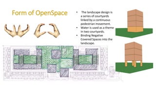 • The landscape design is
a series of courtyards
linked by a continuous
pedestrian movement.
• Water is used as a theme
in two courtyards.
• Binding Negative
Covered Spaces into the
landscape.
Form of OpenSpace
 