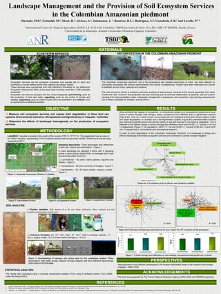 Landscape Management and the Provision of Soil Ecosystem Services
                  in the Colombian Amazonian piedmont
                           Hurtado, M.P.1, Grimaldi, M.2, Mezú, H.1, Alvárez, A.1, Salamanca, J. 1, Ramírez, B.L.3, Rodriguez, G.3, Castañeda, E.R.3 and Lavelle, P.1,2
                                 1International             Center for Tropical Agriculture (CIAT) A.A. 6713 Cali, Colombia. 2 IRD/Universités de Paris VI et XII, UMR 137 BIOSOL, Bondy, France.
                                                                                 3Universidad de la Amazonía. Avenida Circunvalar, Florencia-Caquetá, Colombia.




                                                                                                                                                           RATIONALE
                                                    ECOSYSTEM SERVICES                                                                                                                    DEFORESTATION IN THE COLOMBIAN AMAZONIAN PIEDMONT




         Ecosystem Services are the ecological processes that regulate life on earth and                                                                        The Colombian Amazonian piedmont, one of the ecosystems with greatest biodiversity on Earth, has been affected by
         contribute to human welfare at the local, regional and global scales1.                                                                                 colonization processes with serious environmental and cultural consequences. Forests have been destroyed and burned
         These services were popularized and their definitions formalized by the Millennium                                                                     to establish annual crops, pastures and livestock.
         Ecosystem Assessment (MA), a four-year study involving more than 1,300 scientists
         worldwide 2.                                                                                                                                           The main economic activity is livestock production systems of dual purpose because of the income generated from sales
                                                                                                                                                                                                                                   purpose,
         Ecosystem services are grouped into four broad categories: provisioning, such as                                                                       of milk and meat. However, this production has been declining due to continued deterioration of pastures, with soil erosion
         the production of food and water; regulating, such as the control of climate and                                                                       resulting from high precipitation rates, inadequate management of grasslands, soil compaction, high grazing pressures and
         disease; supporting, such as nutrient cycles and crop pollination; and cultural, such                                                                  use of areas unsuitable for livestock, among others 3.
         as spiritual and recreational benefits.


                                                                   OBJECTIVE                                                                                                                                                                                                        RESULTS
                                                                                                                                                                                                      Soils exhibited high degree of compaction in conventional system and sylvopastoral systems and lower
 Measure soil ecosystem services and assess their degradation in three land use                                                                                                                      levels of carbon storage, total nitrogen, bases, phosphorus and infiltration than in agroforestry systems
systems (Conventional extensive, Silvopastoral and Agroforestry) in Caquetá - Colombia                                                                                                                (Figure 6a). This, as a result of poor soil porosity and low biological activity that reduce organic matter
                                                                                                                                                                                                      and cause degradation. In contrast, soil in the Agroforestry System (Figure 6b) presented better physical
 Determine the effects of landscape heterogeneity on the production of ecosystem                                                                                                                     and chemical properties due to the shorter history of use and diversity in the types of vegetation. This is
services                                                                                                                                                                                              reflected in the highest values of carbon storage and infiltration which were 54.65 t C / ha and 27.44 mm
                                                                                                                                                                                                      / h respectively (Figure 7). As opposed to 49.07 t C / ha and 50.66 t C / ha and 23.96 mm / h and 24.81
                                                                                                                                                                                                      mm / h respectively in conventional and sylvopastoral systems.
                                                          METHODOLOGY                                                                                                                                 In order to avoid degradation of the Colombian Amazonian Piedmont, it is necessary to design eco-
     Location: Caquetá is located in the south of the country (2º58’ N, 76º15’ W). This department has an area of                                                                                     efficient landscape that protect ecosystem services and contribute to climate change mitigation.
     8.9 million hectares, representing 7.8% of national territory with annual mean rainfall: 3744mm and annual mean
     temperature:28º C.
                                                                                                                                                                                                                                                                                    Exchangeable acidity
                                                                                        Sampling description: Three landscapes with differences                                                                                                                                         (0 ‐ 10 cm)
                                                                                        in land use history and colonization – Figure 1
                                                                                                use,                                  1.
                                                                                                                                                                                                                                                                                K                   CTCE
                                                                                        In each landscape we sampled 9 farms with 5 sampling
                                                                                                                                                                                                                                                                                                            Bases (0 ‐ 10 cm)
                                                                                        points in each (points distant 200m on average) and 4 pits
                                                                                                                                                                                                                                                                                                     Mg
                                                                                        by point (dug down to 40 cm):                                                                                                                                                                                                      Ca


                                                                                         Conventional – 80 years (native grasses, legumes and                                                                                                         RT25
                                                                                                                                                                                                                                                      RT20                          Dr10                         Ve
                                                                                                                                                                                                                                                     RT15                                                                       P
                                                                                        weeds) - Figure 2                                                                                                                                           RT10
                                                                                                                                                                                                                                                                                     RV

                                                                                                                                                                                                                                                                                                                                Infiltration and P(0 ‐ 10 cm)
                                                                                         S l
                                                                                          Sylvopastoral - 60 years (di
                                                                                                  t l              (diversity of f
                                                                                                                          it f forages) - Fi
                                                                                                                                      ) Figure 3                                                                                                        RT5
                                                                                                                                                                                                                                                        RT      RT0
                                                                                                                                                                                                                                                                RT2
                                                                                                                                                                                                                                                                                               pH
                                                                                                                                                                                                                                                                                                H
                                                                                                                                                                                                                                                                                                     SC30

                                                                                         Agroforestry – 20 -30 years (rubber, copoazu, arazá) -                                                                                              Compaction(0 ‐ 30 cm)
                                                                                                                                                                                                                                                                                                    N30
                                                                                                                                                                                                                                                                                                       N20
                                                                                                                                                                                                                                                                                                                     SC20

                                                                                        Figure 4                                                                                                                                                                                                         N10
                                                                                                                                                                                                                                                                                                      SC10
     Figure 1: Amazonia Ecosystems: Windows Colombia                                                                                                                                                                                                                                                      SCA30
                                                                                                                                                                                                                                                                                           Stock C and %N (0 ‐ 10, 10 ‐ 20 and 20 ‐ 30 cm)

                                                                                                                                                                                                                                                 Variables-Correlation circle

                                                                                                                                                                                                                                              Figure 6a: Correlations circle of physics and chemical variables
                                                                                                                                                                                                                                                                                                                   d=2
                                                                                                                                                                                                                                                                                                                                                                                                                d=2




      Figure 2: conventional System                                     Figure 3: sylvopastoral System                               Figure 4: Agroforestry System                                                                 Conventional                                                                                                   Shrubs
                                                                                                                                                                                                                                                                                                                                                                  11
                                                                                                                                                                                                                                     System
                                                                                                                                                                                                                                       CTR                    Agroforestry System
                                                                                                                                                                                                                                                                                                                                                                               13
                                                                                                                                                                                                                                                                                                                                                                                     10
                                                                                                                                                                                                                                                                 CAF
                                                                                                                                                                                                                                                                                                                                                              1                           12
SOIL ANALYSIS:                                                                                                                                                                                                                     Sylvopastoral 
                                                                                                                                                                                                                                       CSP                                                                                                                4                                        6
                                                                                                                                                                                                                                                                                                                                                              9
                                                                                                                                                                                                                                      System                                                                                                                           3
                                                                                                                                                                                                                                                                                                                                                                                    Fallow, Agroforestry
                                     Physics variables: Bulk density (0 to 40 cm), Water infiltration, Water retention and Soil                                                                                                                                                                                                       Native Pasture,                             System, Family garden
                                    resistance (penetrometer and torvane)                                                                                                                                                                                                                                                            Grasses with woody,
                                                                                                                                                                                                                                                                                                                                      Palm and Pasture
                                                                                                                                                                                                                                                                                                                                          with trees



                                                                                                                                                                                                                                                                                                P < 0.01                                                                                          P < 0.01
                                                                                                                                                                                                                                                                                                                                 USO
                                                                                                                                                                                         SISTEMA

                                                                                                                                                                                                  Figure 6b: Projection of landscapes and land uses in axes 1 and 2 of a PCA analysis of soil parameters
                                                                                                                                                                                                                   70                                   50.66                                                              35                                                                          27.44
                                                                                                                                                                                                                                                                                       54.65                                              23.96                            24.88
                                      Chemical Variables: pH, Al+3, Ca+2, Mg+2, K+1, Na+1, cation exchange capacity , P,                                                                                          60
                                                                                                                                                                                                                              49.07
                                                                                                                                                                                                                                                                                                                           30
                                     NH4+), organic matter, % C,% N and carbon storage (0 - 40 cm).
                                                                                                                                                                                           Stock C ( 0 to 30 cm)




                                                                                                                                                                                                                   50                                                                                                      25
                                                                                                                                                                                                                                                                                                            Infiltration
                                                                                                                                                                                                                                                                                                             (mm / h)
                                                                                                                                                                                                (t C / ha)




                                                                                                                                                                                                                   40                                                                                                      20

                                                                                                                                                                                                                   30                                                                                                      15
                                                                                                                                                                                                                               b                         ab                            a                                                   b                               b                           a
                                                                                                                                                                                                                   20                                                                                                      10

                                                                                                                                                                                                                   10                                                                                                       5

                                                                                                                                                                                                                    0                                                                                                       0
                                                                                                                                                                                                                        Conventional System     Sylvopastoral System        Agroforestry System                                     Conventional System       Sylvopastoral System             Agroforestry System


                                                                                                                                                                                                                        Figure 7. Carbon storage and infiltration of conventional, sylvopastoral and agroforestry systems
                                      Figure 5. Determination of nitrogen and carbon total by Dry combustion method 4(Mass
                                      spectrometer with stable isotope analyzer (Europa Integra) and Near Infrared Spectroscopy                                                                                                                                       PERSPECTIVES
                                      (NIR-FOSS SYSTEM 6500).
                                                                                                                                                                                           Reconstruction of eco-efficient landscapes in the Amazon deforested areas in the context of the climatic
                                                                                                                                                                                           changes – AMAZ 2030
STATISTICAL ANALYSIS:
The results were evaluated using a principal components analysis (PCA) using R software version 2.6.2 (2008)                                                                                                                                          ACKNOWLEDGEMENTS
under th lib
  d the library ADE 4
                ADE-4.                                                                                                                                                                    This work was supported by The French National Research Agency (ANR) (ADD and IFBANR programs)


                                                                                                                                                        REFERENCES
1.    Portela y Rademacher, 2001 . Ecological Modeling, 2001, Deforestación de la Región Amazónica de Brasil y sus efectos sobre los servicios que proporcionan los ecosistemas, (143): 115-146
2.    Millennium Ecosystem Assessment (MEA). 2005. Ecosystems and Human Well-Being: Synthesis. Island Press, Washington. 155pp
3.    Castillo F., J.A.; Amézquita C., E.; Müeller-Sämann, K. 2000. La turbidimetría una metodología promisoria para caracterizar la estabilidad estructural del los suelos = Turbidimetry a promising method to characterize the structural stability of soils. Suelos Ecuatoriales. 30(2):152-156
 