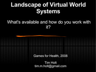 Landscape of Virtual World Systems   What's available and how do you work with it? ,[object Object],[object Object],[object Object]