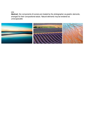 one
Abstract, the components of scenery are treated by the photographer as graphic elements,
arranged for their compositional values. Natural elements may be rendered as
unrecognizable