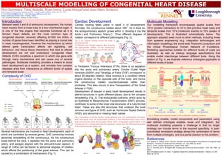 MULTISCALE MODELLING OF CONGENITAL HEART DISEASE
                                                              1                           1                                                                             3
Ron Summers, Tariq Abdulla, Ryan Imms, Lucile Houyel and Jean-Marc Schleich
                               1                                                                               2

1
  Dept. Electronic and Electrical Engineering, SEIC, Loughborough University, LEICS, UK, LE11 3TU
  E-mail: R.Summers@lboro.ac.uk Web: http://www-staff.lboro.ac.uk/~lsrs1
2
  Marie-Lannelongue Hospital, Paris, F-92350, France
3
  LTSI, University of Rennes 1, Rennes, F-35000, France


    Introduction                                                                                    Cardiac Development                                                                                                     Multiscale Modelling
    Between week 3 and 6 of embryonic development, the human                                        Cardiac looping takes place in week 4 of development.                                                                   Our modelling framework encompasses spatial scales from
    heart morphs from a linear tube to a four chambered organ. It                                   Normally, the conotruncus rotates about 150°. As it does so,                                                            10 m (protein interaction) to 10 m (the primitive heart tube) and
                                                                                                                                                                                                                                -9                           -3


    is one of the few organs that becomes functional as it is                                       the aortopulmonary septum grows within it, dividing it into the                                                         temporal scales from 10 s (molecular events) to 10 s (weeks of
                                                                                                                                                                                                                                                       -6                        6


    formed. Heart defects are the most common type of                                               Aorta A and Pulmonary Artery P . Thus different degrees of                                                              development). This is illustrated schematically below. The
    congenital disorder, severely affecting 6/1000 live births. A                                   rotation correspond to different pathologies (Fig. 2).                                                                  approach adopted owes much to other methods, including those
    number of genes have been identified as playing a crucial role                                  Fig. 2 (a) Cardiac looping during 4th week of (b)          Conotruncus                                                  from systems engineering (e.g. integration technologies and
    in heart morphogenesis. However the mechanisms by which                                         development [2].                                   l-TGA
                                                                                                                                                                                                              d-TGA
                                                                                                                                                                                                                            information modelling); the world-wide Physiome consortium and
                                                                                                    (b) Modifed Van Praagh diagram after showing
    altered gene transcription affects cell signalling, cell                                                                                              A                  A                                              the Virtual Physiological Human Network of Excellence.
                                                                                                    the approximate rotation of the conotruncus
                                                                                                                                                             P             P
    behaviour, and tissue-tissue interactions that lead to altered                                  corresponding to different types of CHD [after 3].
                                                                                                                   .                                                                         ANT

                                                                                                                                                                                                                     DORV
                                                                                                                                                                                                                            Modelling approaches suitable for different levels of scale are
    development are not well understood. Congenital Heart                                           (a)                                                                                                 P    A
                                                                                                               Conotruncus
                                                                                                                                  Conal
                                                                                                                                  septum
                                                                                                                                                Pulmonary Aortic
                                                                                                                                                valve     valve
                                                                                                                                                                                        L           R
                                                                                                                                                                                                                     TOF    illustrated, as well as markup language specifications that
                                                                                                     Truncus
    Defects (CHD) constitute a spectrum in which one gene acts                                        Conus
                                                                                                                                                                                             POST
                                                                                                                                                                                                                 PTA        enable model interchange between different tools. Along the
                                                                                                                                                                                    P               P
    through many mechanisms and can cause one of several                                                                                                                                                                    bottom of Fig. 4, we illustrate reference ontologies applicable to
                                                                                                                                                Mitral      Tricuspid           A                       A
    pathologies. Multiscale modelling provides a means to study                                                              Atrioventricular
                                                                                                                             septum
                                                                                                                                                valve       valve
                                                                                                                                                                            Situs Inversus
                                                                                                                                                                                                            Normal          different levels of scale.
    heart development as a system, and simulate how complex                                         In Persistent Truncus Arteriosus (PTA), there is no septation                                                                                    -9                                                           -6                                                                  -3
                                                                                                                                                                                                                                                 10 m                                                        10 m                                                                  10 m
    diseases arise from interactions at different levels of spatial                                 into the aorta and pulmonary artery. Double Outlet Right
                                                                                                                                                                                                                              Spatial Scale

                                                                                                                                                                                                                                             Protein                                    Cell                                     Tissue                                             Heart Tube
    and temporal scale.                                                                             Ventricle (DORV) and Tetralogy of Fallot (TOF) correspond to                                                                           Interaction                                Behaviour                              Transformation                                        Morphogenesis

    Complexity of CHD                                                                               about 90 degrees rotation. Situs inversus is a condition where                                                                                  CA
                                                                                                                                                                                                                                                         2+
                                                                                                                                                                                                                                                                             High
                                                                                                                                                                                                                                                                             VEGF
                                                                                                                                                                                                                                                                                                  VEGF                          High VEGF

                                                                                                                                                                                                                                                                                                                                                          Snail   VE Cadherin




                                                                                                    organs develop on the opposite side of the body, and hence
                                                                                                                                                                                                                                                                                                                                              BMP2

                                                                                                                                                                                                                                                  Calcineurin                                                                                            Notch


                                                                                                                                                                                                                                                     p                    VEGF
                                                                                                                                                                                                                                                 NFAT    NFAT                                                                                           Delta4
                                                                                                                                                                                                                                                                                                                                Low VEGF




                                                                                                    the conotruncus rotates counterclockwise rather than
                                                                                                                                                                                                                                                         VEGF                                                  VE-Cadherin
                                                                                                                                                                                                                                                                                           2+
                                                                                                                                                                                                                                                                                      CA
                                                                                                                                                                                                                                                                                                                                             TGF-beta
                                                                                                                                                                                                                                                                                    Calcineurin   TGF-beta
                                                                                                                                                                                                                                                                                       p

                                                                                                                                                                                                                                                      Wnt /                  Low    NFAT   NFAT

                                                                                                                                                                                                                                                                                                                Snail
                                                                                                                                                                                                                                                     BetaCat                 VEGF          VEGF




                                                                                                    clockwise. This also occurs in levo-Transposition of the Great
                                                                                                                                                                                                                                                                                                                                High VEGF
                                                                                                                                                                                                                                                                                        Wnt /
                                                                                                                                                                                                                                                                                                    BMP
                                                                                                                                                                                                                                                                                       BetaCat
                                                                                                                                                                                                                                                                                                               Notch
                                                                                                                                                                                                                                                         BMP4
                                                                                                                                                                                                                                  Markup
                                                                                                                                                                                                                                                                                           BMP4




                                                                                                    Arteries (l-TGA).                                                                                                           Language     SBML                                               CellML                             CBML                                                    FieldML
                                                                                                                                                                                                                                Modelling Pathway Models                         Stochastic Models                           Agent Based Models                                      Finite Element
                                                                                                    Development of tissues in early heart development results in                                                                Approach ODEs
                                                                                                                                                                                                                                          Petri Nets
                                                                                                                                                                                                                                                                                 Reaction Diffusion PDEs
                                                                                                                                                                                                                                                                                 Systems of ODEs
                                                                                                                                                                                                                                                                                                                              Reactive Animation
                                                                                                                                                                                                                                                                                                                              Cellular Automata
                                                                                                                                                                                                                                                                                                                                                                                    Image Analysis
                                                                                                                                                                                                                                                                                                                                                                                    3D Reconstruction

                                                                                                    altered structures in quite different places, due to the complex                                                                          Boolean Networks                   Stochastic Petri Nets                        Cellular Potts                                        Multiphysics Simulation
                                                                                                                                                                                                                                                                                                                                                                                               Independent Continuant
                                                                                                                                                                                                                                                PRO, ChEBI                   CL, FMA, GO-CC                                                             FMA, EHDA
                                                                                                    remodelling (Fig. 3). The endocardial cushions, which grow by                                                                                                                                                                                                                              (Proteins, Cells, Structures)

                                                                               Remodelling                                                                                                                                                                                                                                   PATO, Mammalian Phenotype Dependent Continuant
                                                                                                    an Epithelial to Mesenchymal Transformation (EMT) process,                                                                Ontologies            GO-MF                    Cell Behaviour
                                                                                                                                                                                                                                                                                                                                                                                               (Functions, Roles, Qualities)
                                                                  Remodelling of the
                                                                  conotruncus (outflow tract)
                                                                                                    contribute to some of the most vital structures of a fully-formed                                                                                                                                     GO-BP                                                                                Occurent
                                                                                                                                                                                                                                                                                                                                                                                               (Processes)
                                                                                                    heart. These are also the structures that underpin the most                                                              Temporal Scale
                                                                                                    common and types of CHD, such as Ventricular Septal Defects
                                                                                                                                                                                                                                                   -6                   -3                                          0                                   3                                  6
                                                                                                                                                                                                                                               10 s                  10 s                                    10 s                           10 s                                      10 s
                                                                                                                                                                                                                                       Molecular Events          Cell Signalling                             Motility                       Mitosis                             Heart Development
                                                                                                    (VSD), and abnormal or missing heart valves.
                                                                                                                                                                                                                              Fig. 4 Spatial and temporal scales of the multiscale modelling initiative
                                                                                                    Fig. 3 Illustration of human cardiac morphogenesis and the redistribution of tissues.
                                                                                                    Note that tissue from the endocardial cushions in the Atrioventricular Canal (AVV,                                      Annotating models, model components and parameters using
                                                                                                    blue) becomes the mitral and tricuspid valves, while endocardial cushion tissue in the                                  well defined ontologies enables reuse and integration. But
                                                                                                    Conotruncus (CT, yellow) becomes the semilunar valves and the membranous portion
                                                                                                    of the interventricular septum [4].                                                                                     multiscale modelling presents a challenge in that no single
Fig. 1 Several genes control several mechanisms, which lead to one of several CHDs [1]                                                                                                                                      ontology can include terms to the required specificity. A post-
Several mechanisms are involved in heart development, each of                                                                                                                                                               coordinated annotation strategy allows the combination of terms
which are controlled by several genes. CHD commonly involves                                                                                                                                                                from multiple ontologies, and is a partial solution to this problem.
abnormal remodelling of the conotruncus. As the conotruncus
loops behind the atria, it septates into the aorta and pulmonary
                                                                                                                                                                                                        Membranous
                                                                                                                                                                                                        Septum
                                                                                                                                                                                                                            References
                                                                                                                                                                                                                            [1] F. Bajolle, S. Zaffran, and D. Bonnet, "Genetics and embryological mechanisms of congenital heart
                                                                                                                                                                                                        Muscular
artery, and wedges aligned with the atrioventricular septum. A                                                                                                                                          Septum
                                                                                                                                                                                                                            diseases.", Archives of Cardiovascular Diseases, vol. 102, 2009, pp. 59-63.
                                                                                                                                                                                                                            [2] M. L. Kirby, Cardiac Development, Oxford: OUP, 2007.
range of CHDs can be traced to abnormal degrees of rotation,                                                                                                                                                                [3] L. F. Donnelly and C. B Higgins MR, "Imaging of Conotruncal Abnormalities.", AJR, 166, 1996, pp.
                                                                                                                                                                                                                            925-8.
which affects the positioning of the great arteries. This can be                                                                                                                                                            [4] D. Srivastava and E. N. Olson, "A genetic blueprint for cardiac development.", Nature, vol. 407,
caused by a combination of mechanisms (Fig. 1).                                                                                                                                                                             2000, pp. 221-6.
 