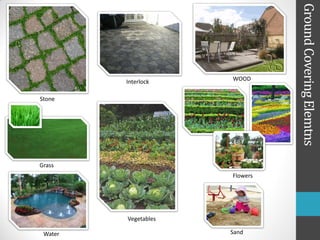 Ground Covering Elemtns
         Interlock    WOOD


Stone




Grass
                      Flowers




         Vegetables

 Water                Sand
 