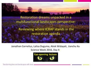 Restoration dreams unpacked in a
multifunctional landscapes perspective:
Reviewing where ICRAF stands in the
restoration agenda
Jonathan Cornelius, Lalisa Duguma, Atiek Widayati, Jianchu Xu
Science Week 2016, Day 4:
Eye-opening lecture
 