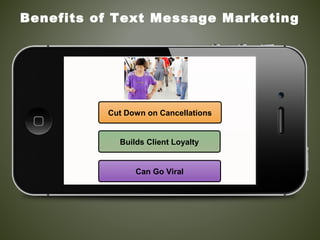 Cut Down on Cancellations
Builds Client Loyalty
Can Go Viral
Benefits of Text Message Marketing
 