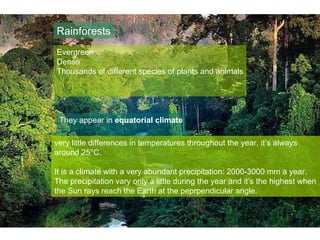 Rainforests Evergreen Dense Thousands of different species of plants and animals They appear in  equatorial climate very little differences in temperatures throughout the year, it’s always  around 25 ° C. It is a climate with a very abundant precipitation: 2000-3000 mm a year. The precipitation vary only a little during the year and it’s the highest when  the Sun rays reach the Earth at the peprpendicular angle. 