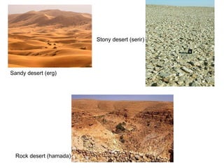 Sandy desert (erg) Stony desert (serir) Rock desert (hamada) 