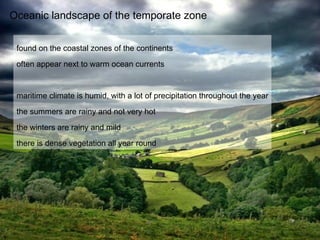 Oceanic landscape of the temporate zone found on the coastal zones of the continents often appear next to warm ocean currents maritime climate is humid, with a lot of precipitation throughout the year the summers are rainy and not very hot the winters are rainy and mild there is dense vegetation all year round 