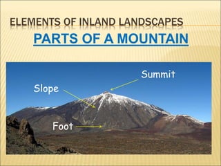 ELEMENTS OF INLAND LANDSCAPES
PARTS OF A MOUNTAIN
Summit
Slope
Foot
 
