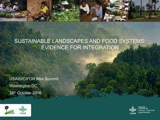 USAID/CIFOR Mini Summit
Washington DC
26th October 2016
SUSTAINABLE LANDSCAPES AND FOOD SYSTEMS:
EVIDENCE FOR INTEGRATION
 