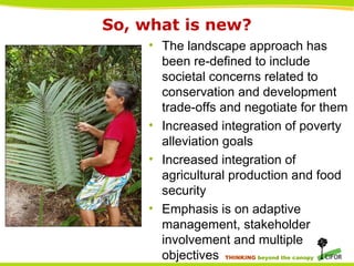 THINKING beyond the canopy
So, what is new?
• The landscape approach has
been re-defined to include
societal concerns related to
conservation and development
trade-offs and negotiate for them
• Increased integration of poverty
alleviation goals
• Increased integration of
agricultural production and food
security
• Emphasis is on adaptive
management, stakeholder
involvement and multiple
objectives
 