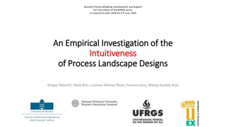 An Empirical Investigation of the
Intuitiveness
of Process Landscape Designs
Gregor Polančič, Pavlo Brin, Lucineia Heloisa Thom, Encarna Sosa, Mateja Kocbek Bule
Business Process Modeling, Development, and Support
the 21th edition of the BPMDS series,
in conjunction with CAISE'20, 8-9 June, 2020
 